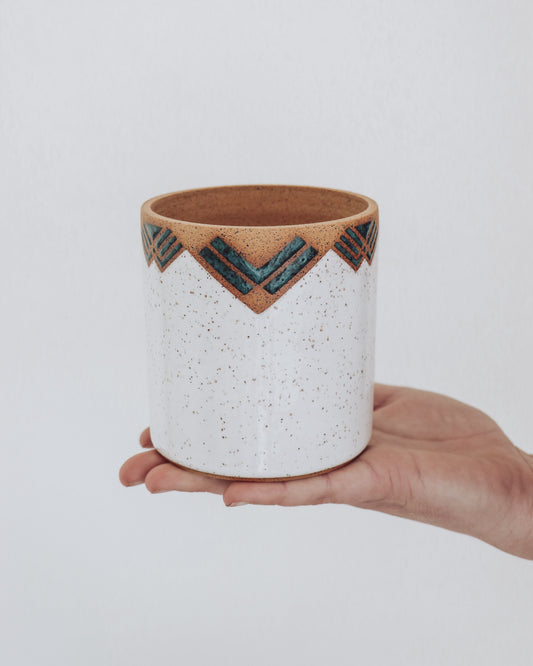 White and turquoise art deco planter handmade by Crisp Ceramic on a potters wheel. 